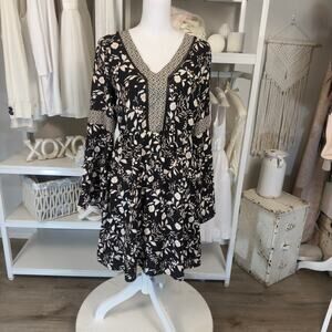 Maurice's Women's Size S Black Floral Knee Length Peasant Dress #3277